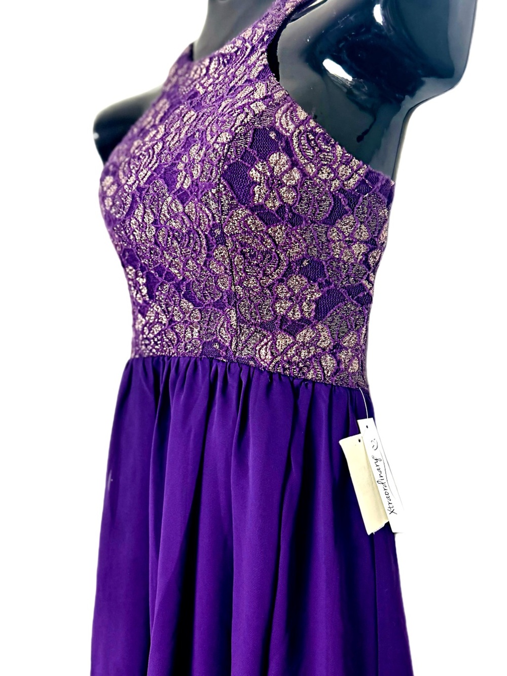 Sleeveless Party Dress featuring a metallic/glitter bodice and chiffon skirt